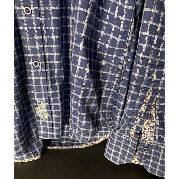 Robert Graham Long Sleeve Shirt Mens XL Plaid Check Blue Floral Flip Cuff - Picture 2 of 10